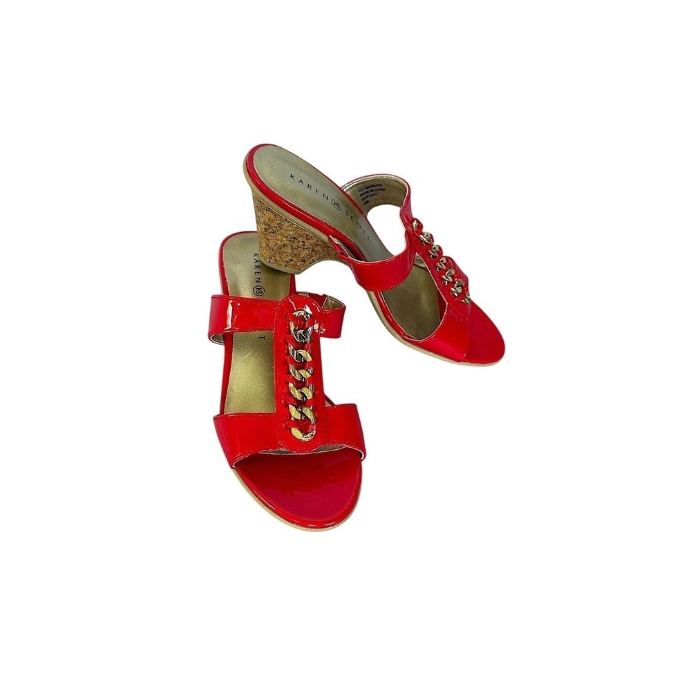 3/$20💥 Karen Scott Red & Gold Chain Embellished Slip On Kyley Wedge Cork Heels